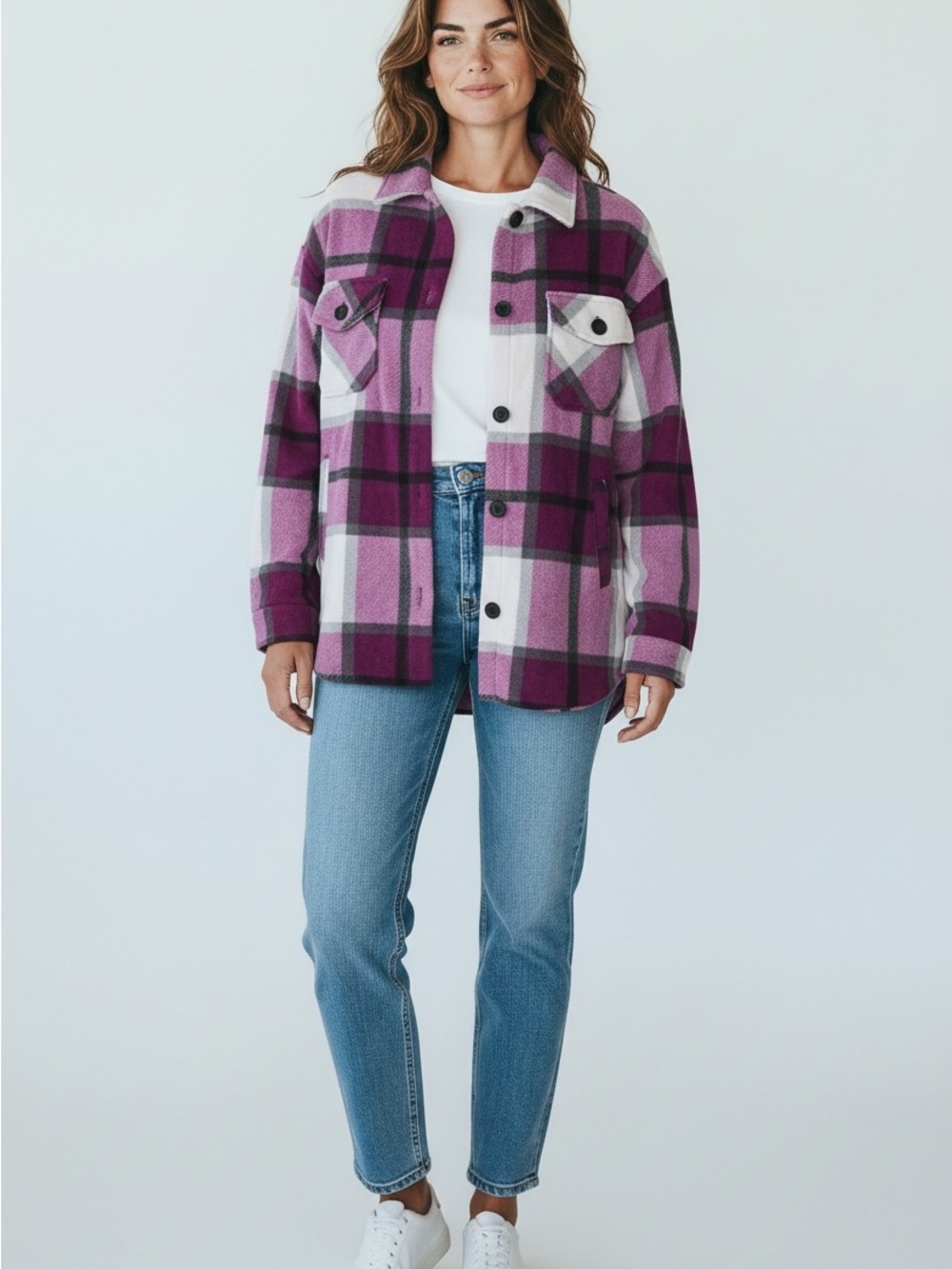 Zenana Button-Up Plaid Shacket Jacket - Pink Purple